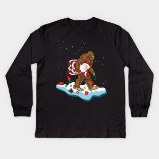 Bigfoot Kidnaps Santa Funny Christmas Kids Long Sleeve T-Shirt